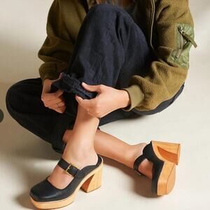 Charlotte Stone Charis Platform Mary Jane Clogs Black Leather Wood Size 8